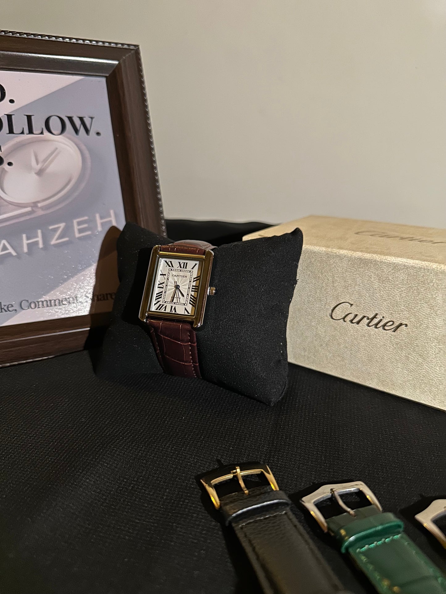 Cart-ier Tank Marked Silver Case Brown Strap