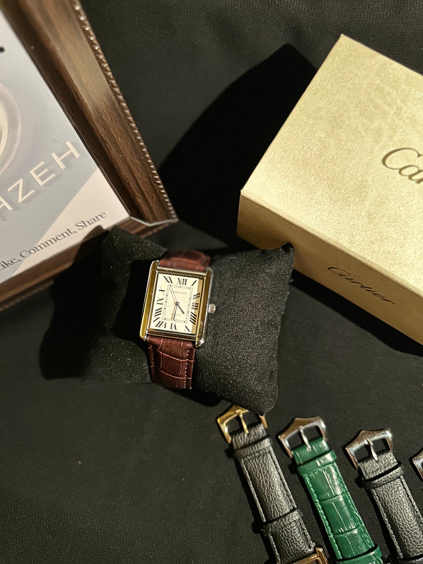 Cart-ier Tank Marked Silver Case Brown Strap