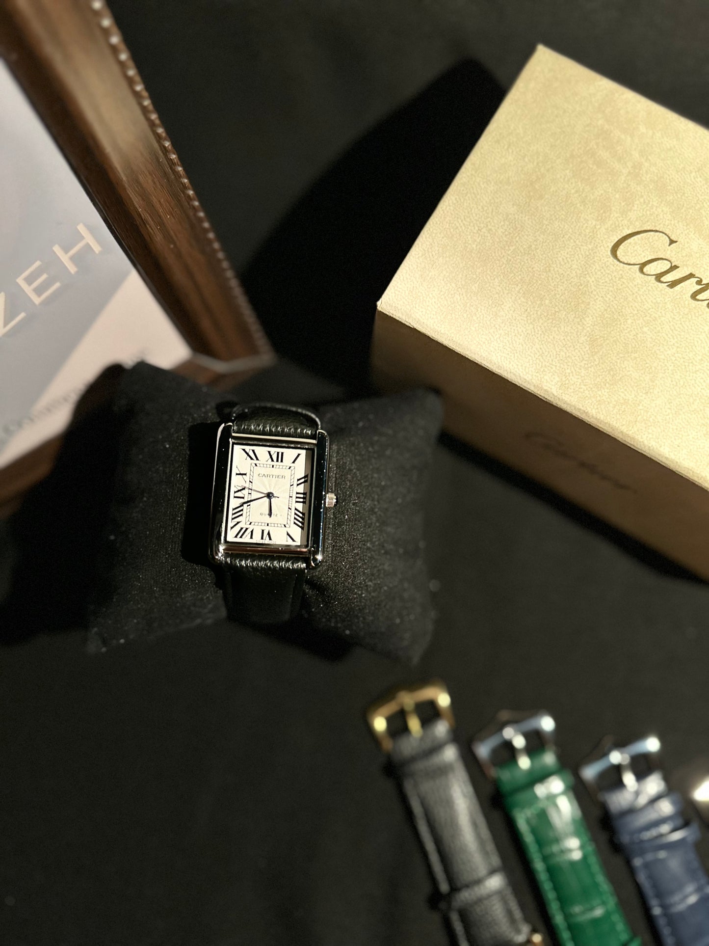 Cart-ier Tank Silver Marked Case Pebbled Strap