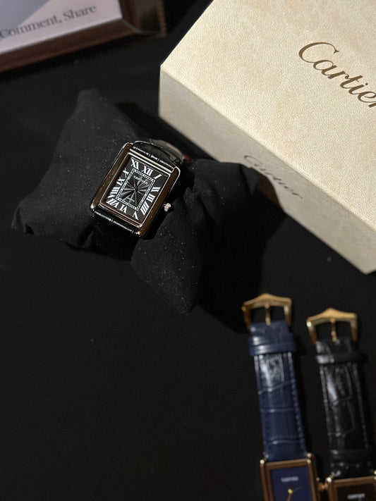 Cartier Tank Marked Silver Case Black Strap