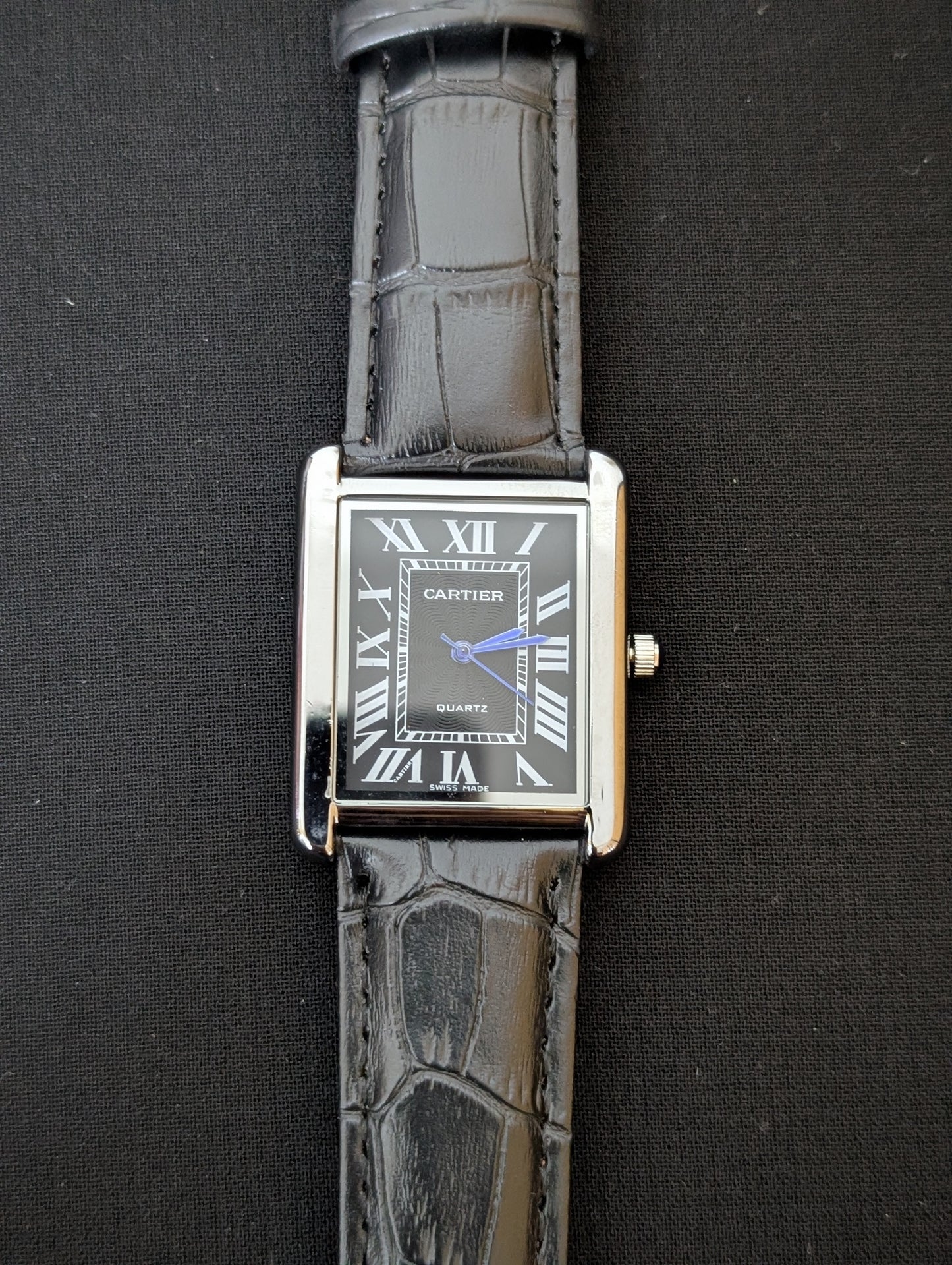 Cart-ier Tank Marked Silver Case Black Strap