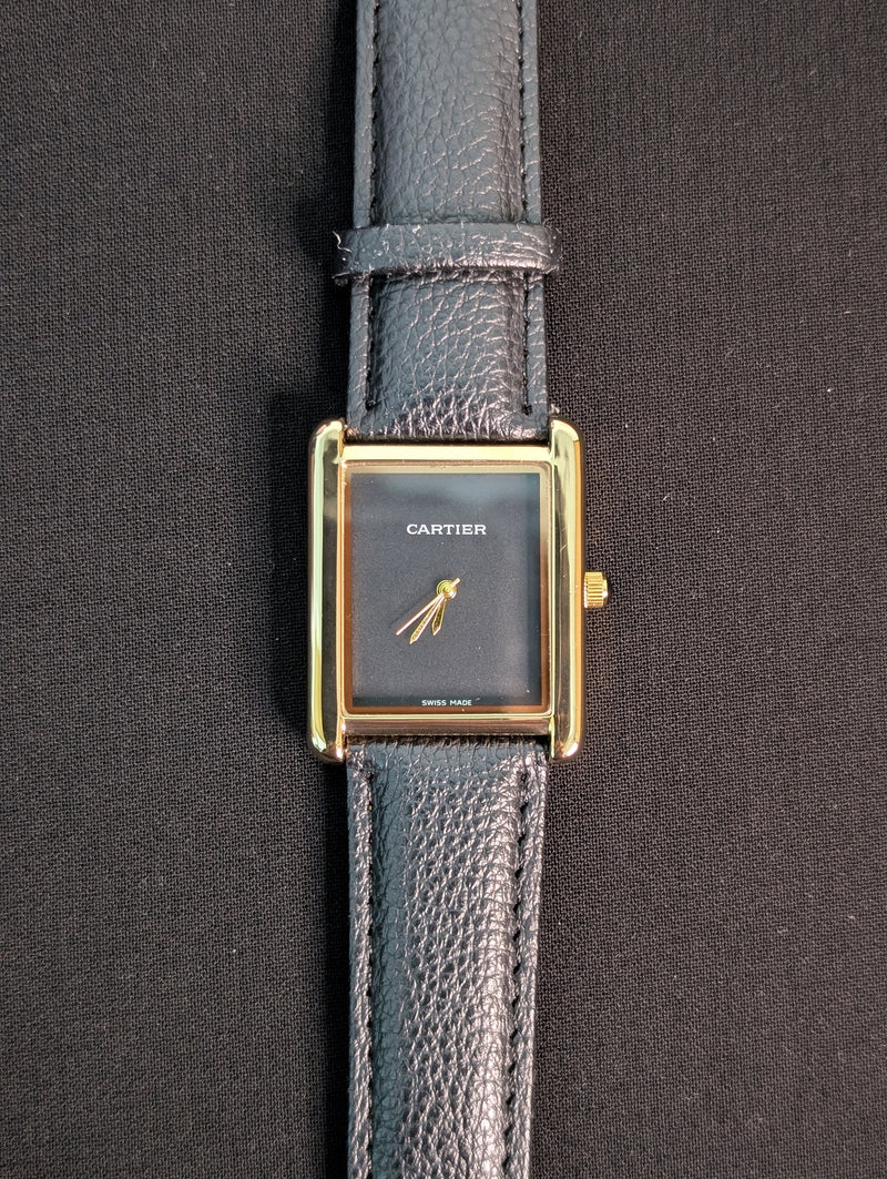 Cart-ier Tank Gold Minimalistic Marker-Less Dial Pebble Strap