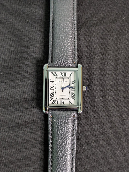 Cart-ier Tank Silver Marked Case Pebbled Strap