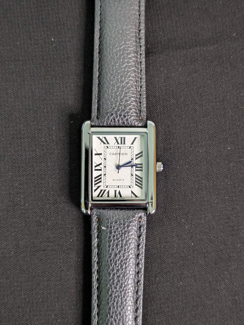 Cart-ier Tank Silver Marked Case Pebbled Strap