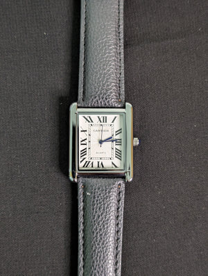 Cart-ier Tank Silver Marked Case Pebbled Strap