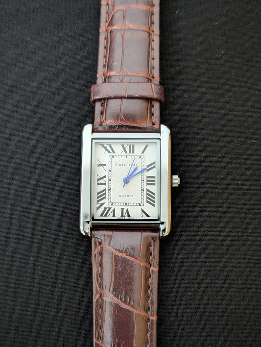 Cart-ier Tank Marked Silver Case Brown Strap