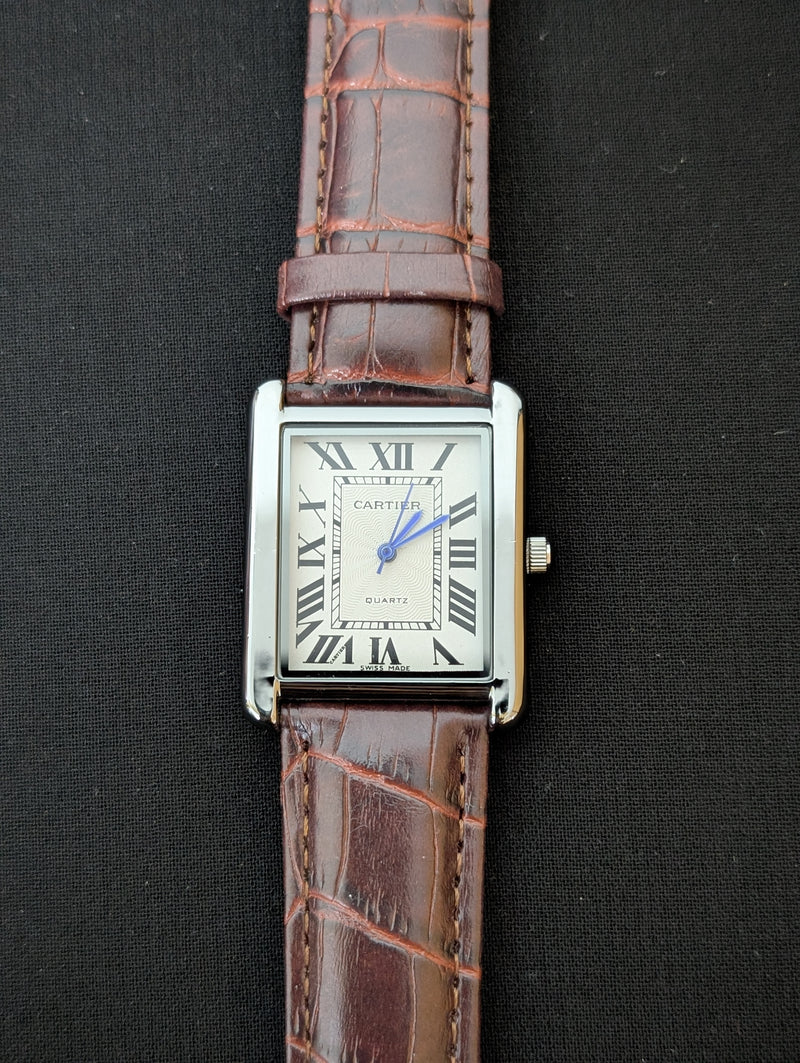 Cart-ier Tank Marked Silver Case Brown Strap