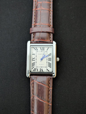Cart-ier Tank Marked Silver Case Brown Strap