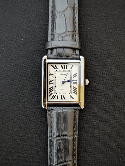 Cart-ier Tank Marked Silver Case Black Strap